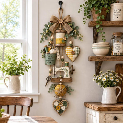 ✨🧵 Rustic Wooden Sewing - Themed Hanging Ornament with Remote Control Fairy Lights