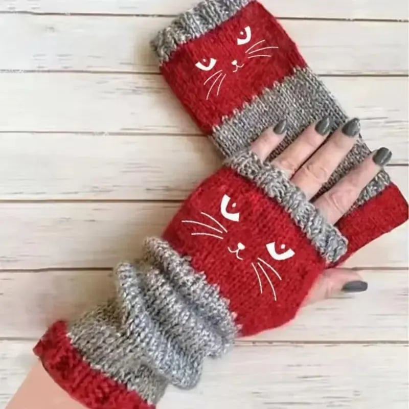 🐱 Cozy Cat Knit Fingerless Gloves – Cute Winter Hand Warmers