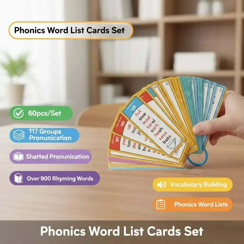 🌟 Phonics Flash Cards for Preschoolers, 117 Sound Families and 900+ Rhyming Words for Fun Early Reading Practice – 1 Set