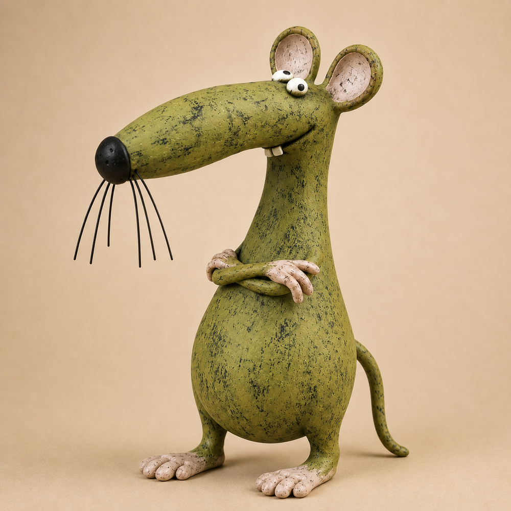 Close view of the green mouse figurine’s distressed finish and sculpted details