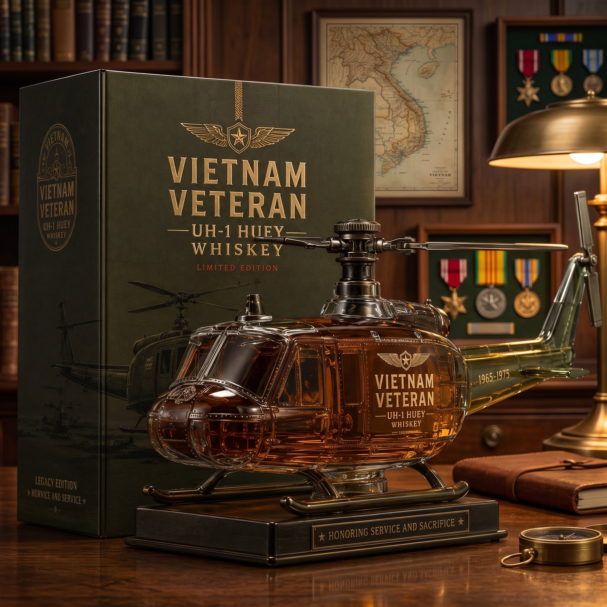 Vietnam War Veteran UH-1 Huey Helicopter Commemorative Whiskey Decanter (1965–1975)