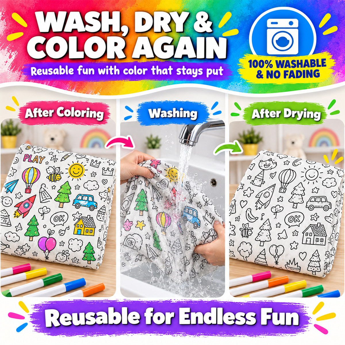🖍️ Create Your Own Cozy Coloring Blanket with 12 Vibrant Fabric Markers