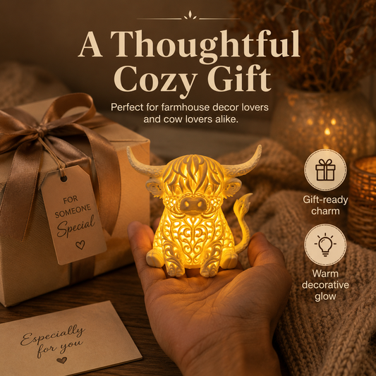 🐮 Cozy Highland Cow Glow Ornament – Palm-Sized Farmhouse Light ✨