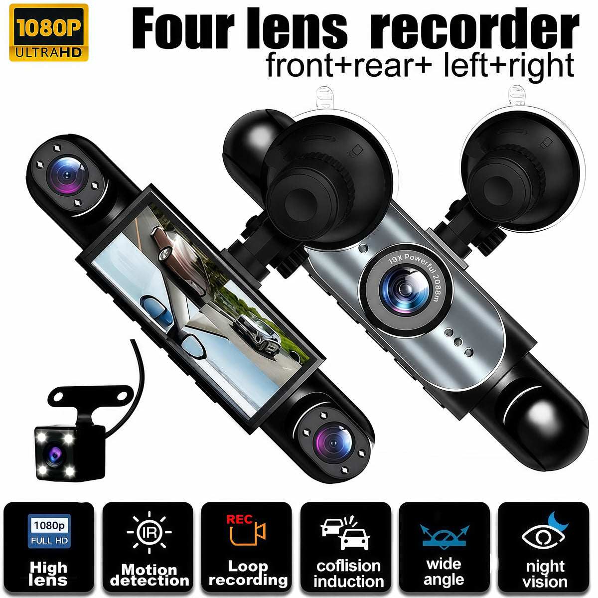 🚗 4-Camera Dash Cam System –📹 1080P Multi-Angle Driving Recorder