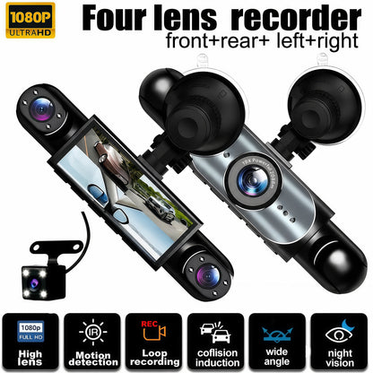 🚗 4-Camera Dash Cam System –📹 1080P Multi-Angle Driving Recorder