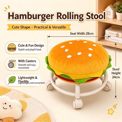 Hamburger Stool | Rolling Wheeled Stool & Plush Burger Storage Ottoman, Cute Home Seat