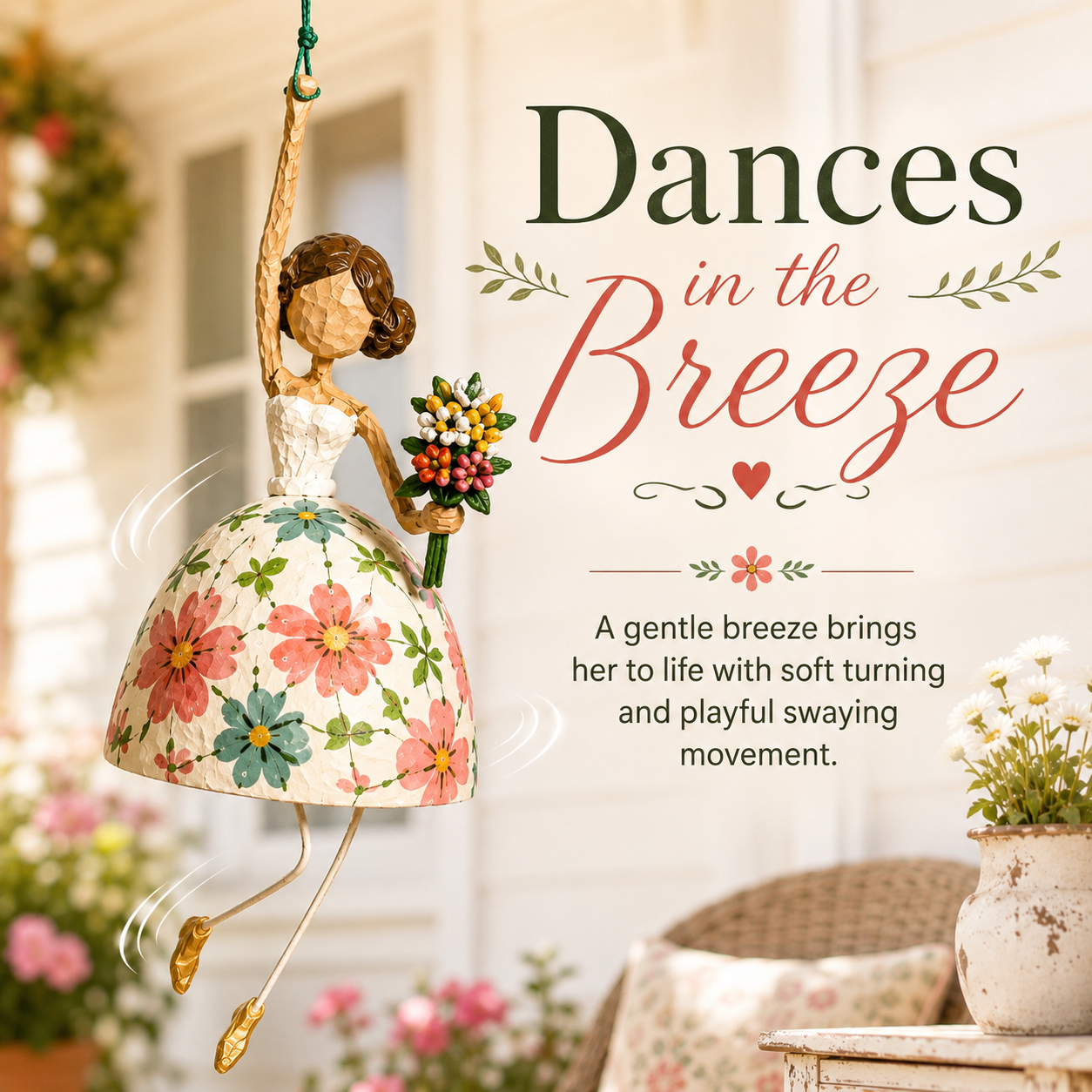 Whimsical Dancing Lady ornament swaying gently in passing air