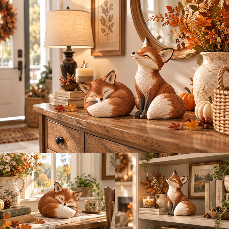 🦊 Charming Fox Figurines – Rustic Woodland Decor for Shelves & Cozy Spaces