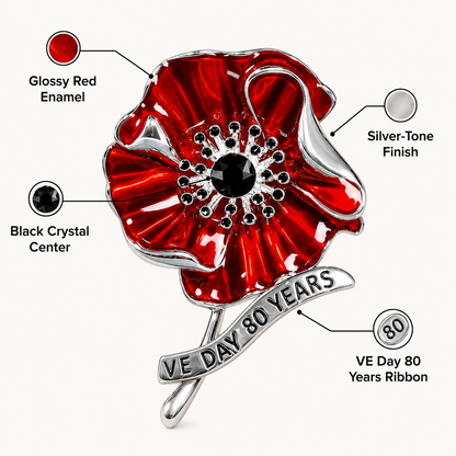 🌺 Lest We Forget Remembrance Poppy Brooch – VE Day 80th Anniversary Tribute Pin
