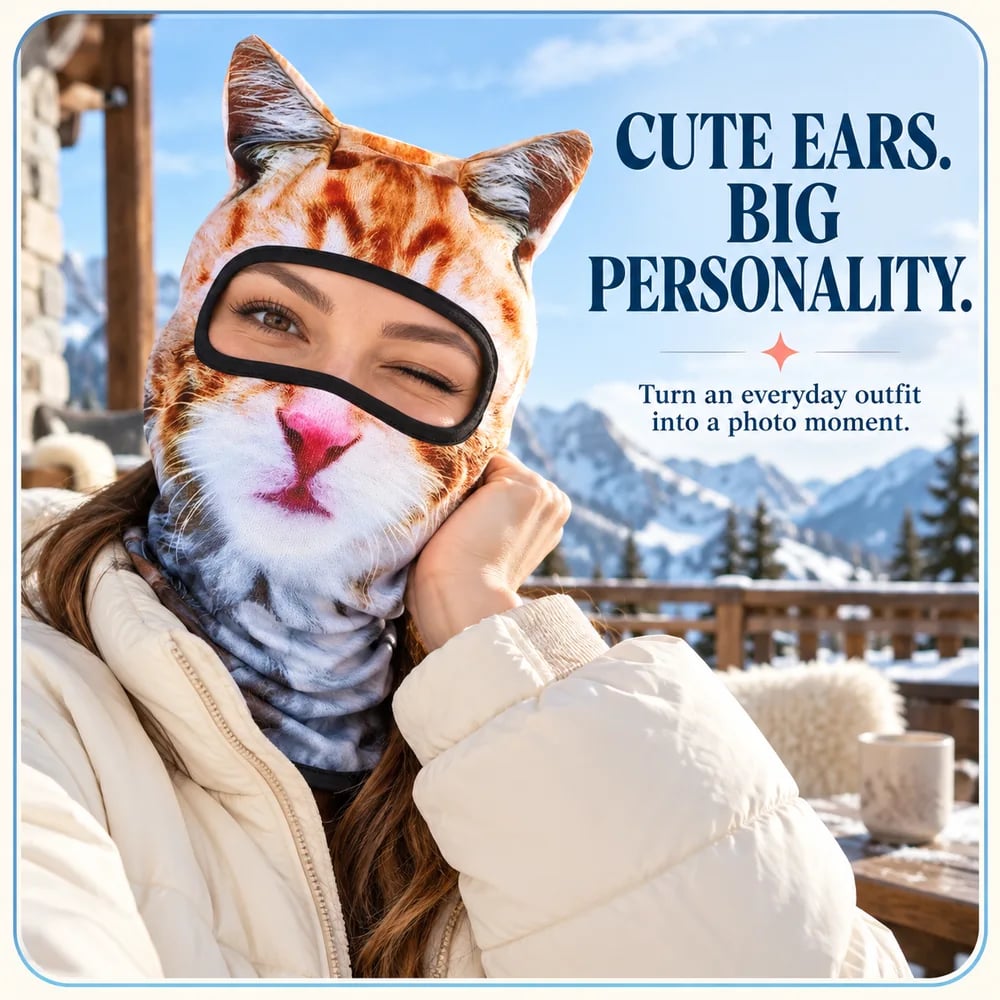 🐆❄️ Snow Leopard 3D Cat Balaclava with Ears – Cozy Full-Face Ski Hood