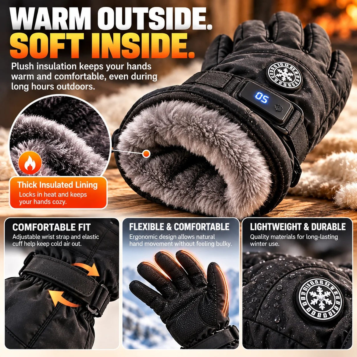 🔥 Rechargeable Heated Gloves with 3 Heat Levels – Waterproof Touchscreen Protection for Cold Weather ❄️