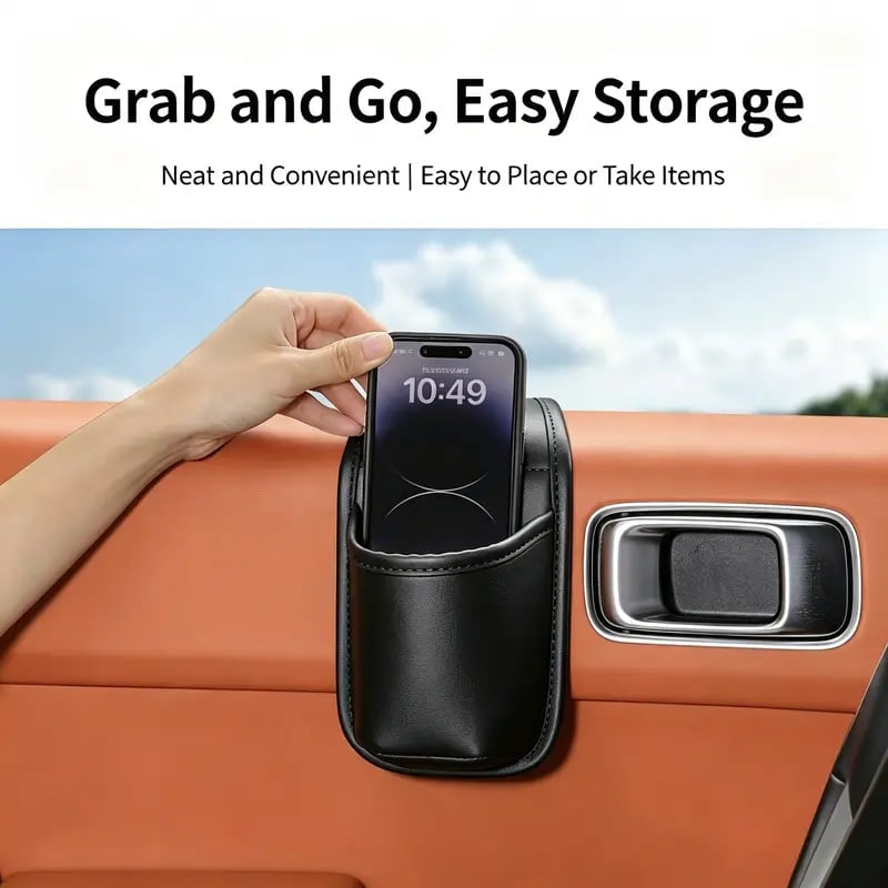 🚗 Double-Tier Leather Car Door Caddy – Slim Storage for Phone, Keys & Daily Gear