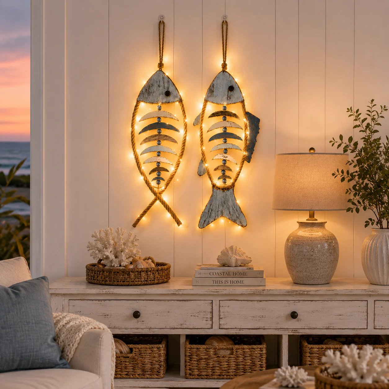 🐟✨ Lighted Coastal Rope Fish Wall Hanging