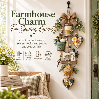 ✨🧵 Rustic Wooden Sewing - Themed Hanging Ornament with Remote Control Fairy Lights