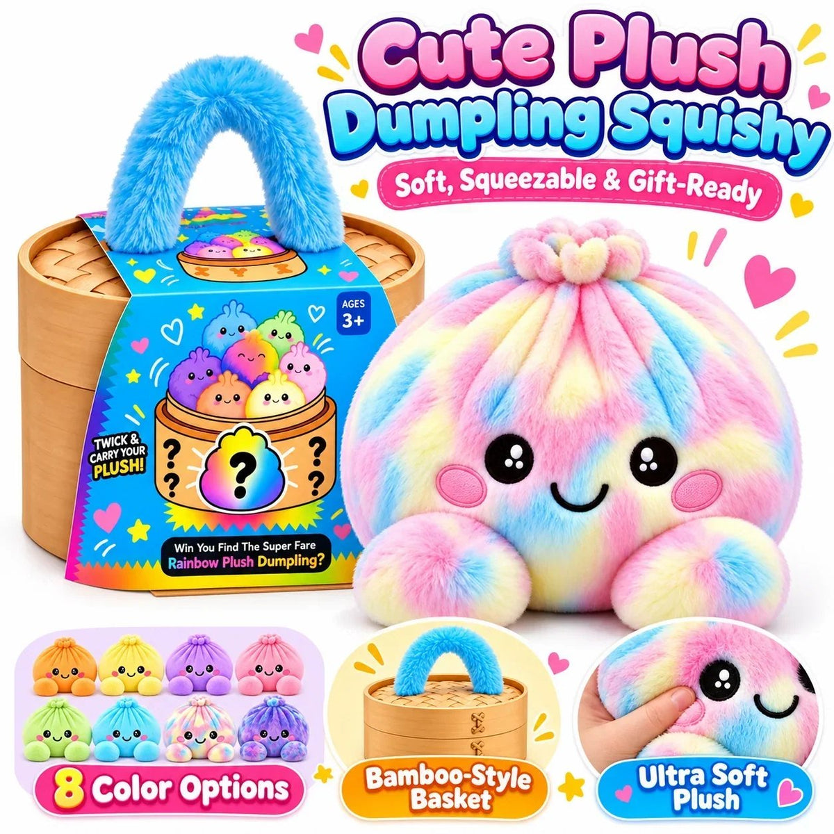 🌈🥟 Rainbow Dumpling Plush Set – 8 Colorful Squishies in a Cute Steamer Basket