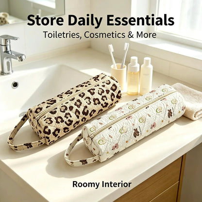 Quilted Travel Makeup Pouch 🎒 – Zippered Organizer with Carry Handle