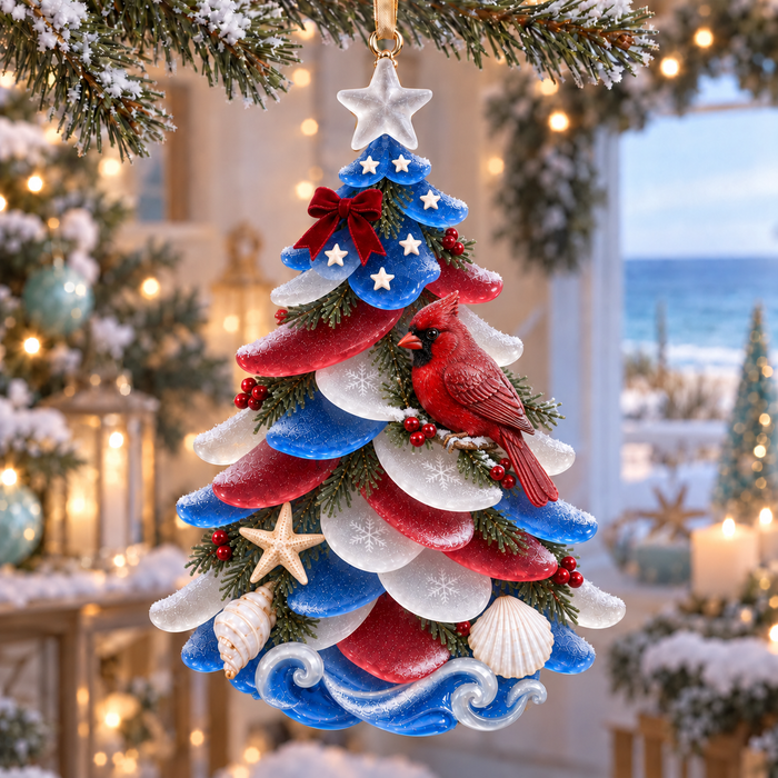 Cardinal and seashells patriotic coastal Christmas ornament