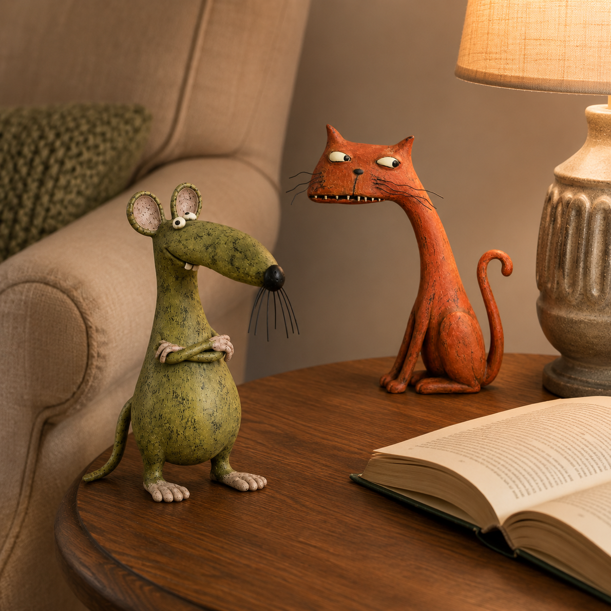 Mouse and cat figurines on a side table in a warmly lit living room
