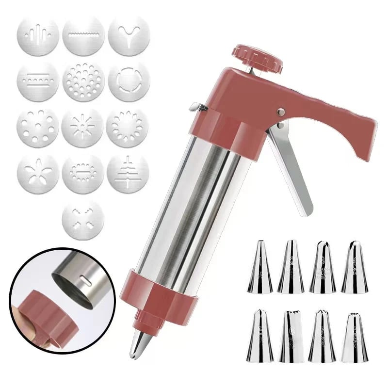 🍪 Stainless Steel Cookie Press – 13 Discs & 8 Decorating Tips