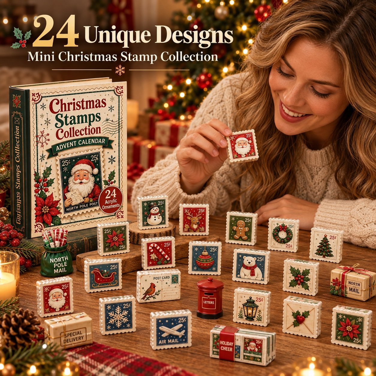 Christmas Stamps Advent Calendar 24‑Piece Mini Acrylic Ornament Set, Nostalgic Postal Art Countdown for Xmas Home Decor & Holiday Gift‑Giving