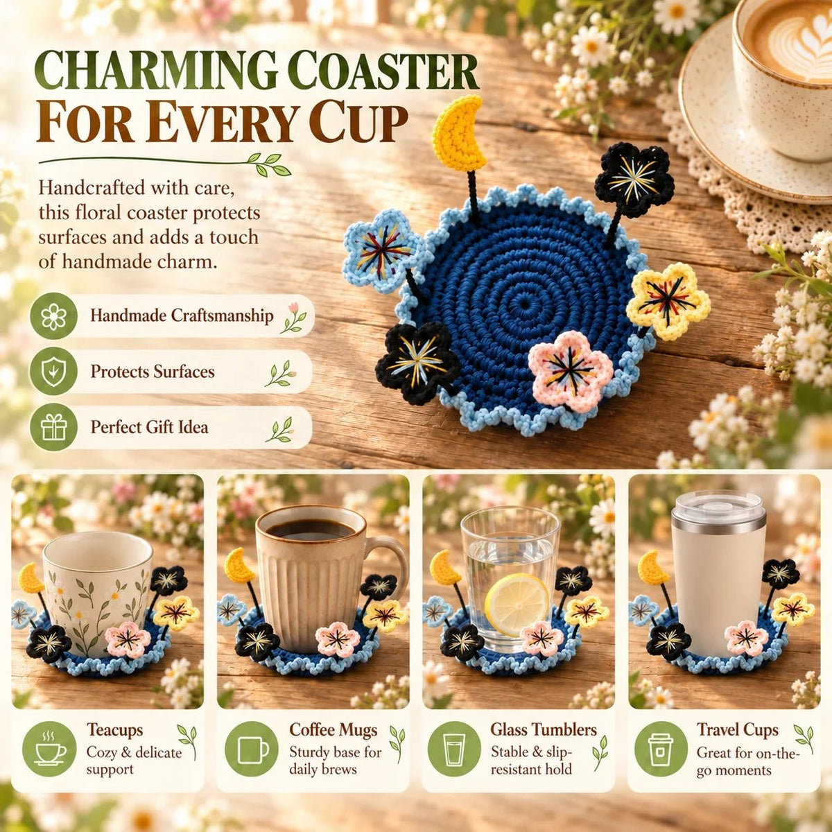 🌸 Handmade Floral Coaster – Charming Flower-Inspired Table Decor