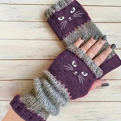 🐱 Cozy Cat Knit Fingerless Gloves – Cute Winter Hand Warmers