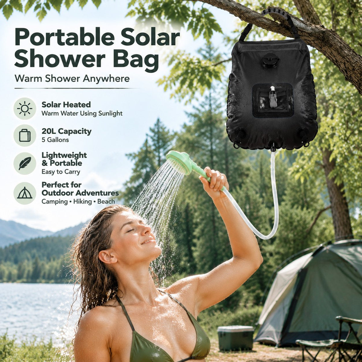 ☀️ Portable Solar-Heated Camp Shower Bag with Easy-Carry Handle – Outdoor Wash Kit, Green 🚿