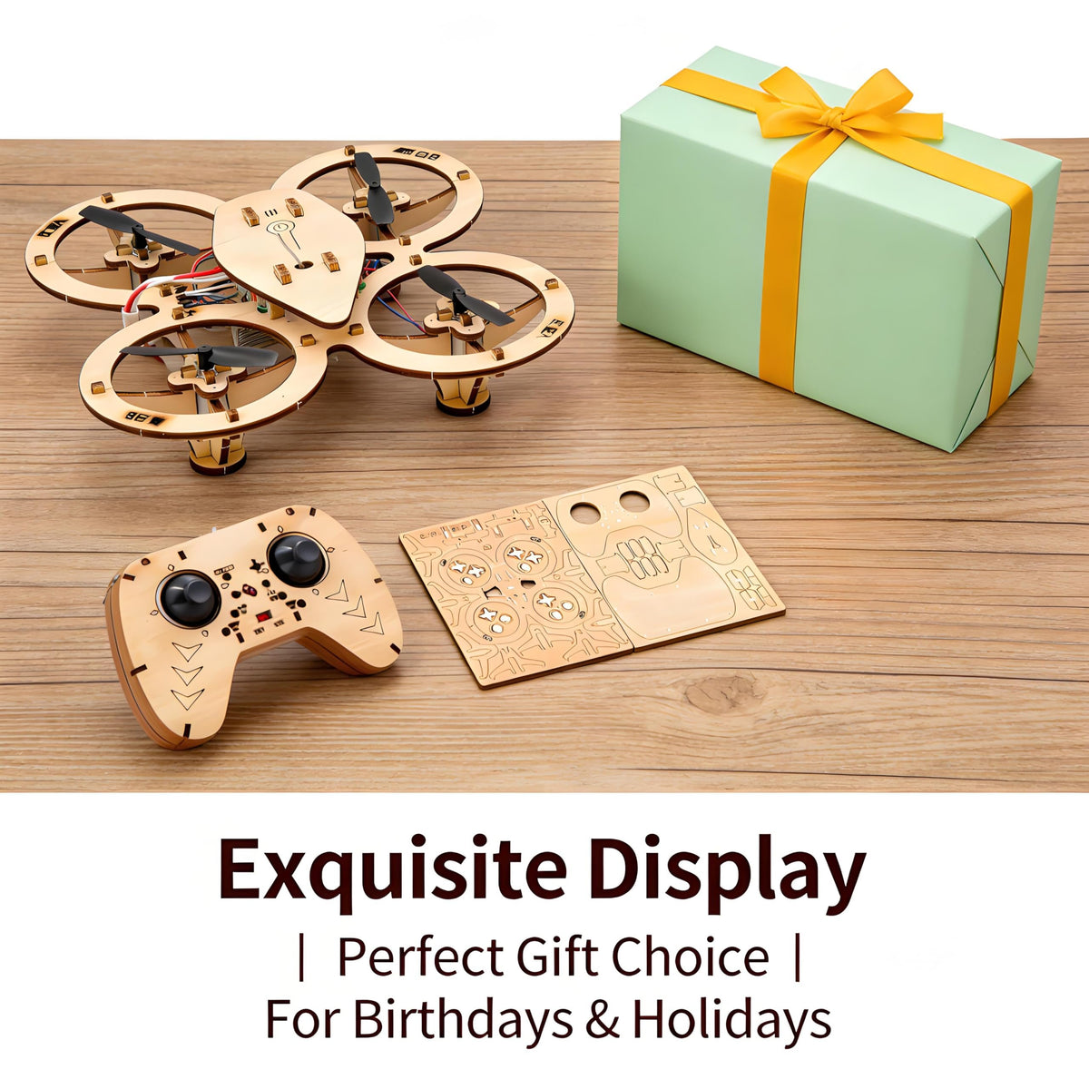 💯🔥Top Gift 2026 🎁 DIY Wooden Drone Assembly Kit, 2.4GHz RC Quadcopter with 360° Flip, Emergency Stop & Beginner Friendly Controls, STEM Building Toy for Teens & Adults