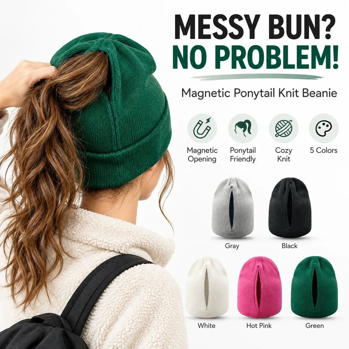 Magnetic Ponytail Beanie 🧶 – Cozy Knit Hat for Messy Buns