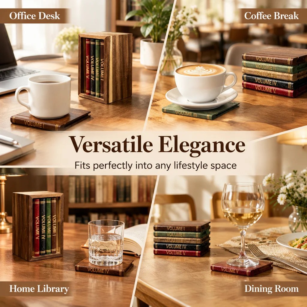 📚 Vintage Book-Style Coaster Set – Includes Upright Storage Holder