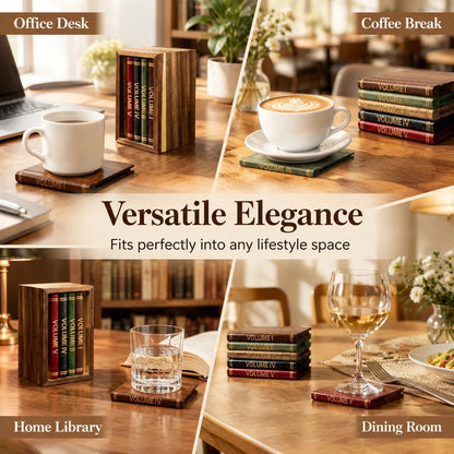 📚 Vintage Book-Style Coaster Set – Includes Upright Storage Holder