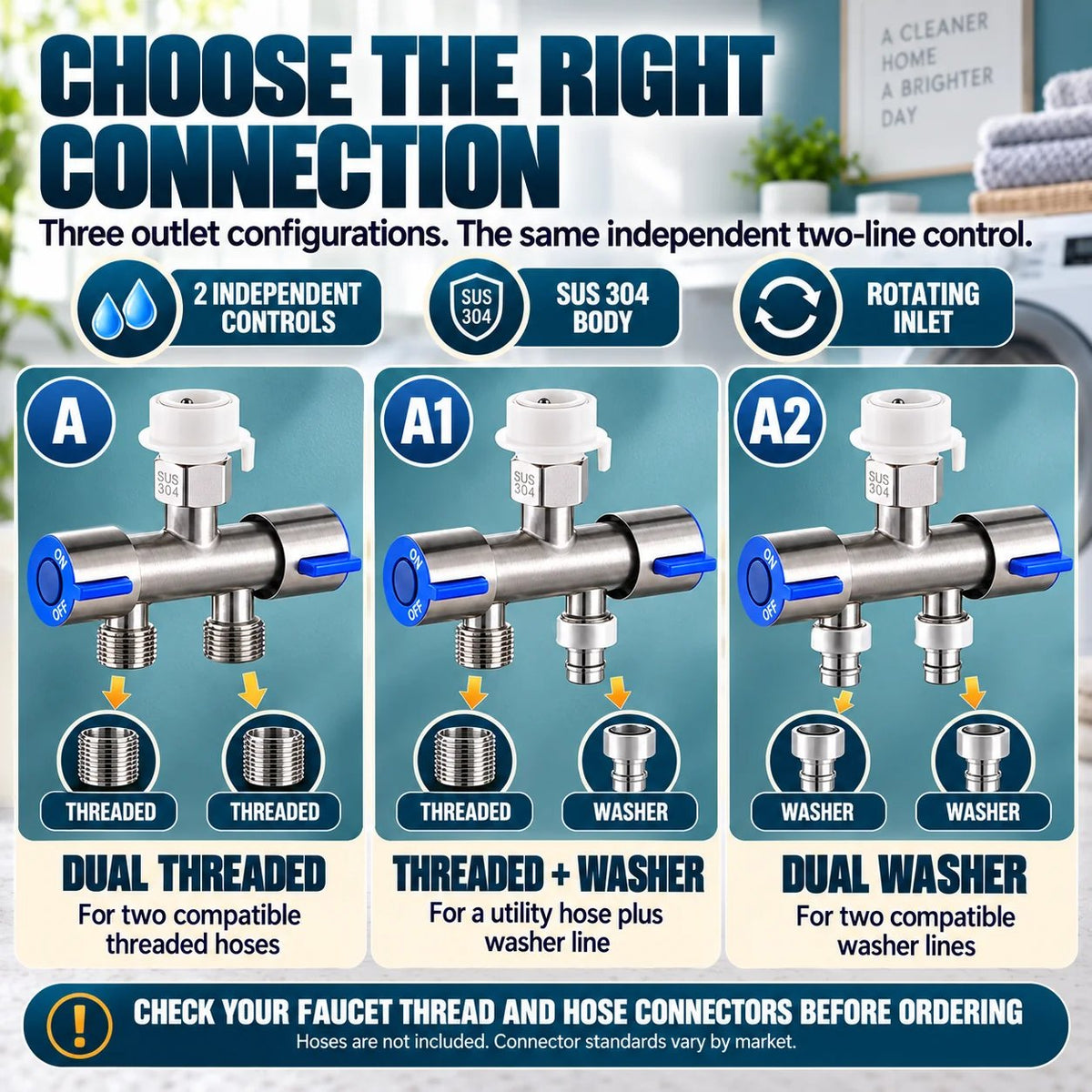 SUS 304 Dual-Control Faucet Diverter 🚿 – 2-Way Hose & Washer Connection