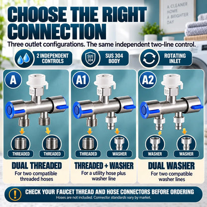 SUS 304 Dual-Control Faucet Diverter 🚿 – 2-Way Hose & Washer Connection