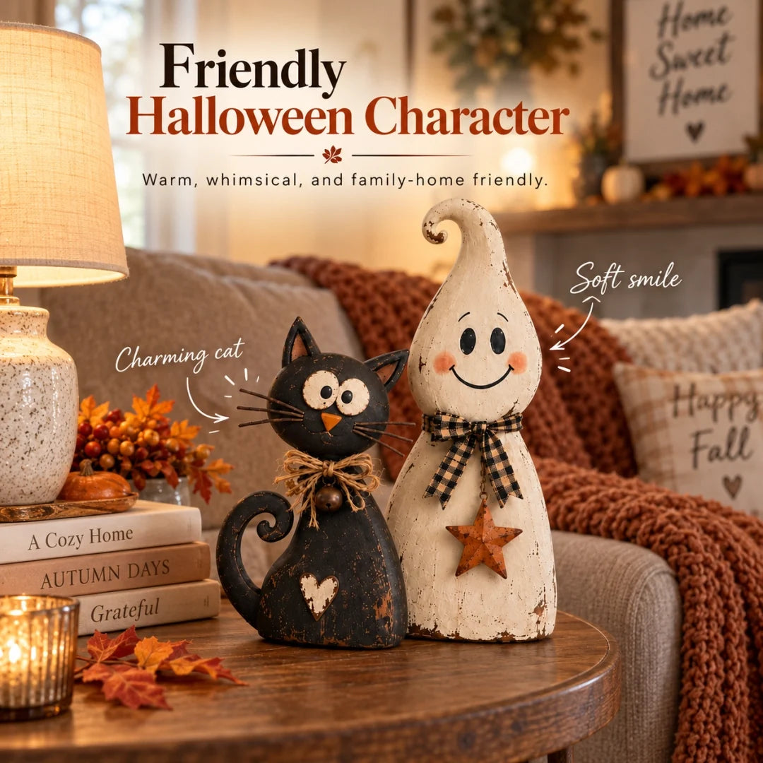 🐈‍⬛ Ghost & Black Cat Halloween Figurines – Vintage-Inspired Decor