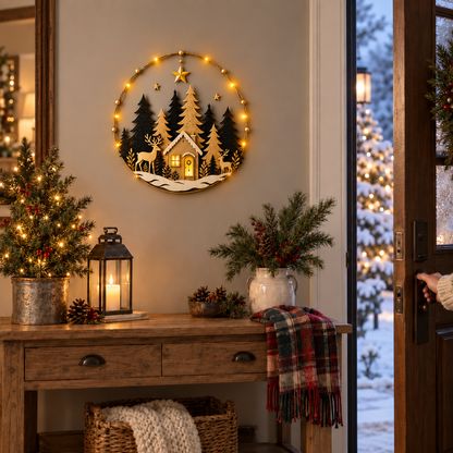 Lighted Woodland Christmas Cabin Wall Decor