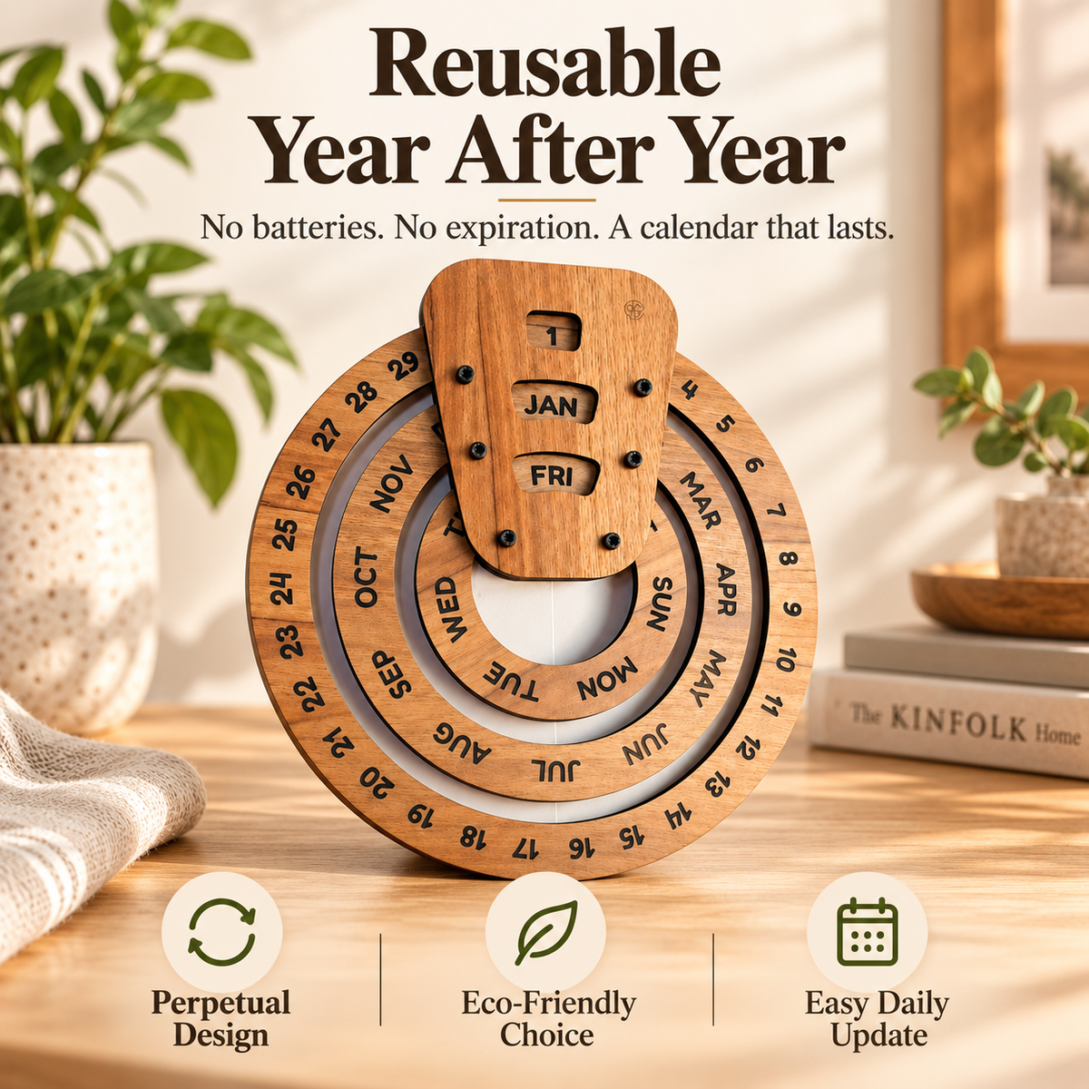 📅 Everlasting Wooden Calendar – Reusable Desk Organizer for Home or Office Decor