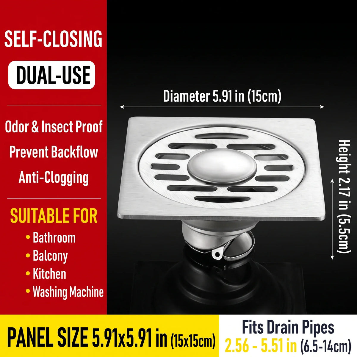 Stainless Steel Floor Drain 🚿 – 3.94" Gravity Seal with Hair Filter & Odor Control