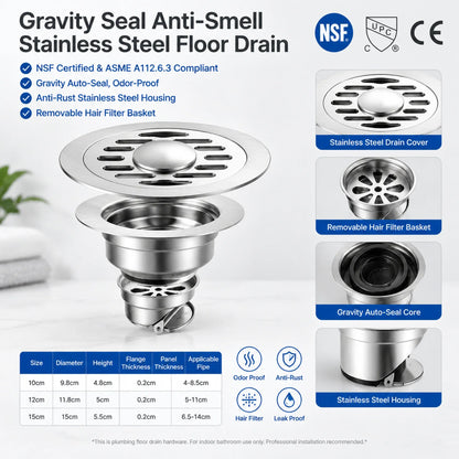 Stainless Steel Floor Drain 🚿 – 3.94" Gravity Seal with Hair Filter & Odor Control