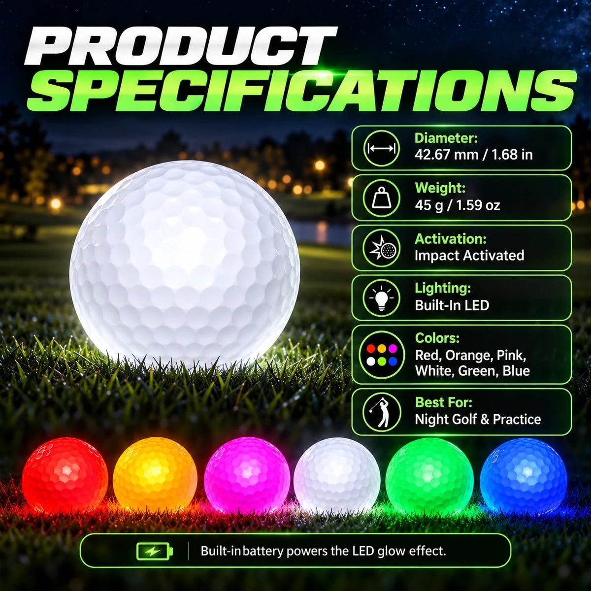 Light-Up Golf Ball ⛳ – Impact-Activated 6-Color LED Design for Nighttime Practice