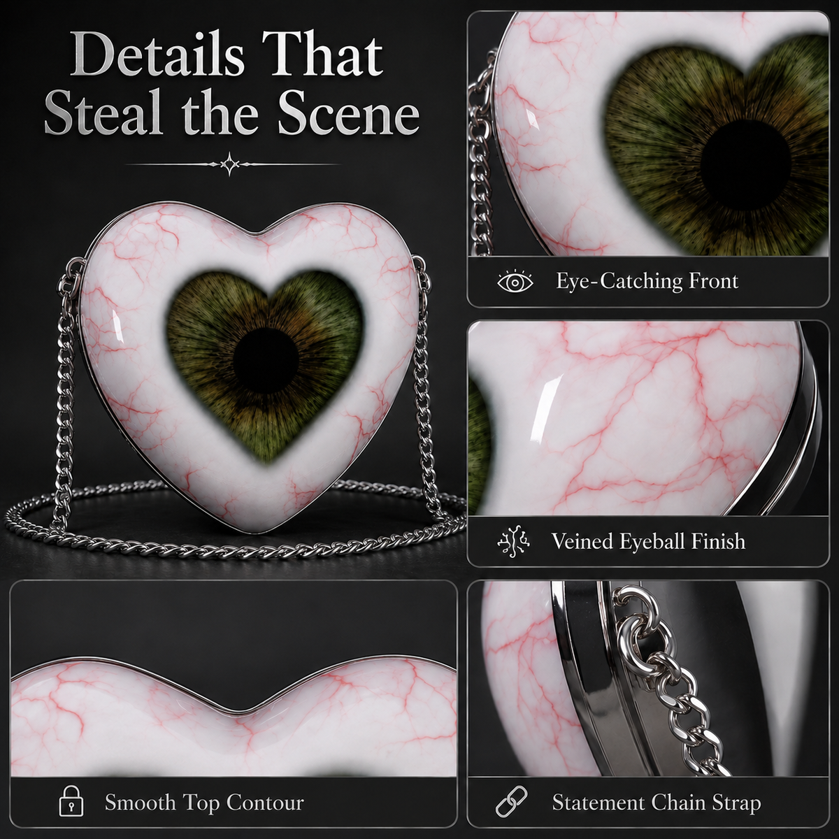 Close-up details of gothic heart eye crossbody bag