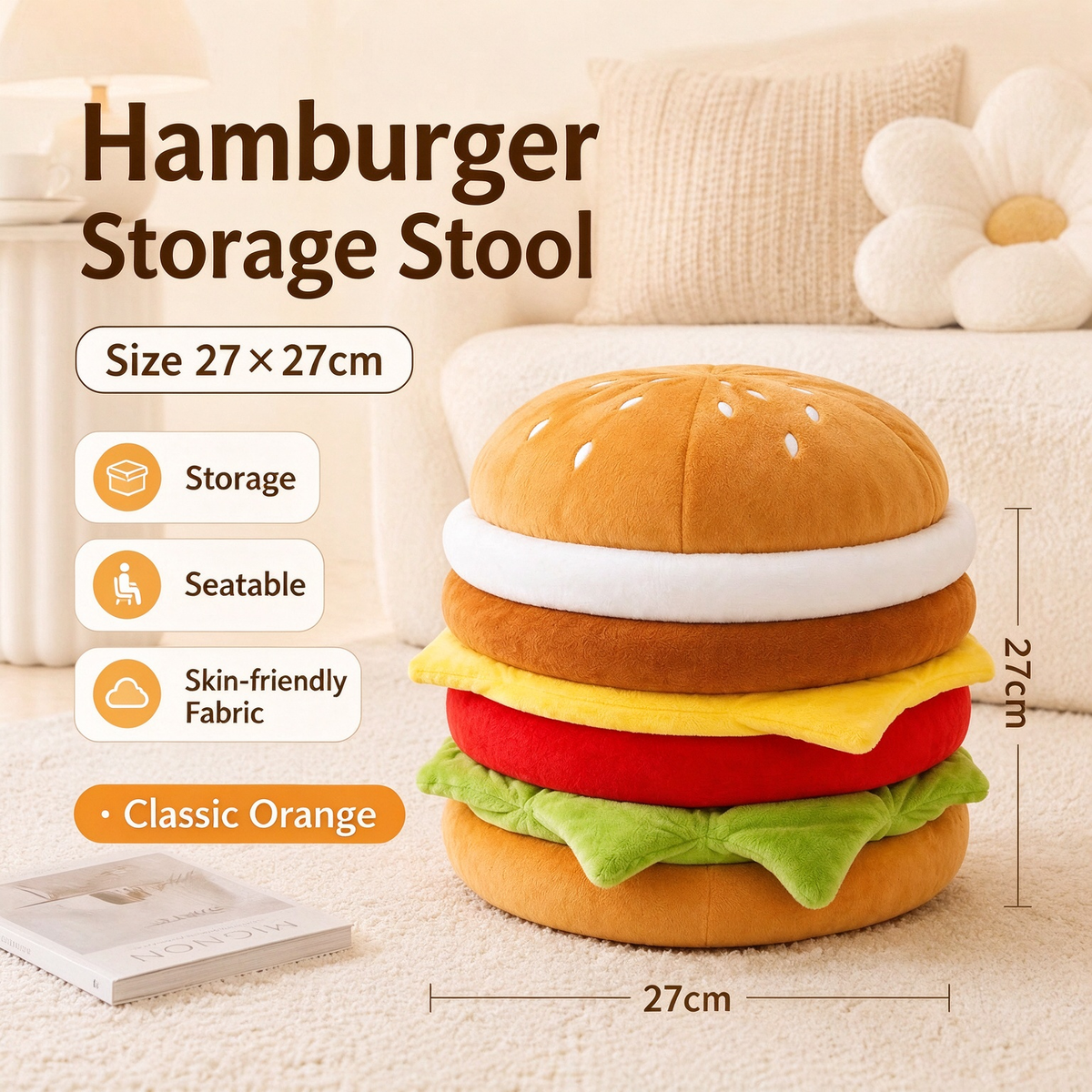 Hamburger Stool | Rolling Wheeled Stool & Plush Burger Storage Ottoman, Cute Home Seat