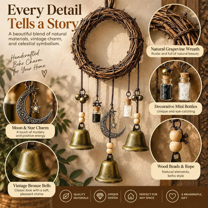 Boho Moon & Bell Hanging Decor – Rustic Bronze Wall & Door Charm