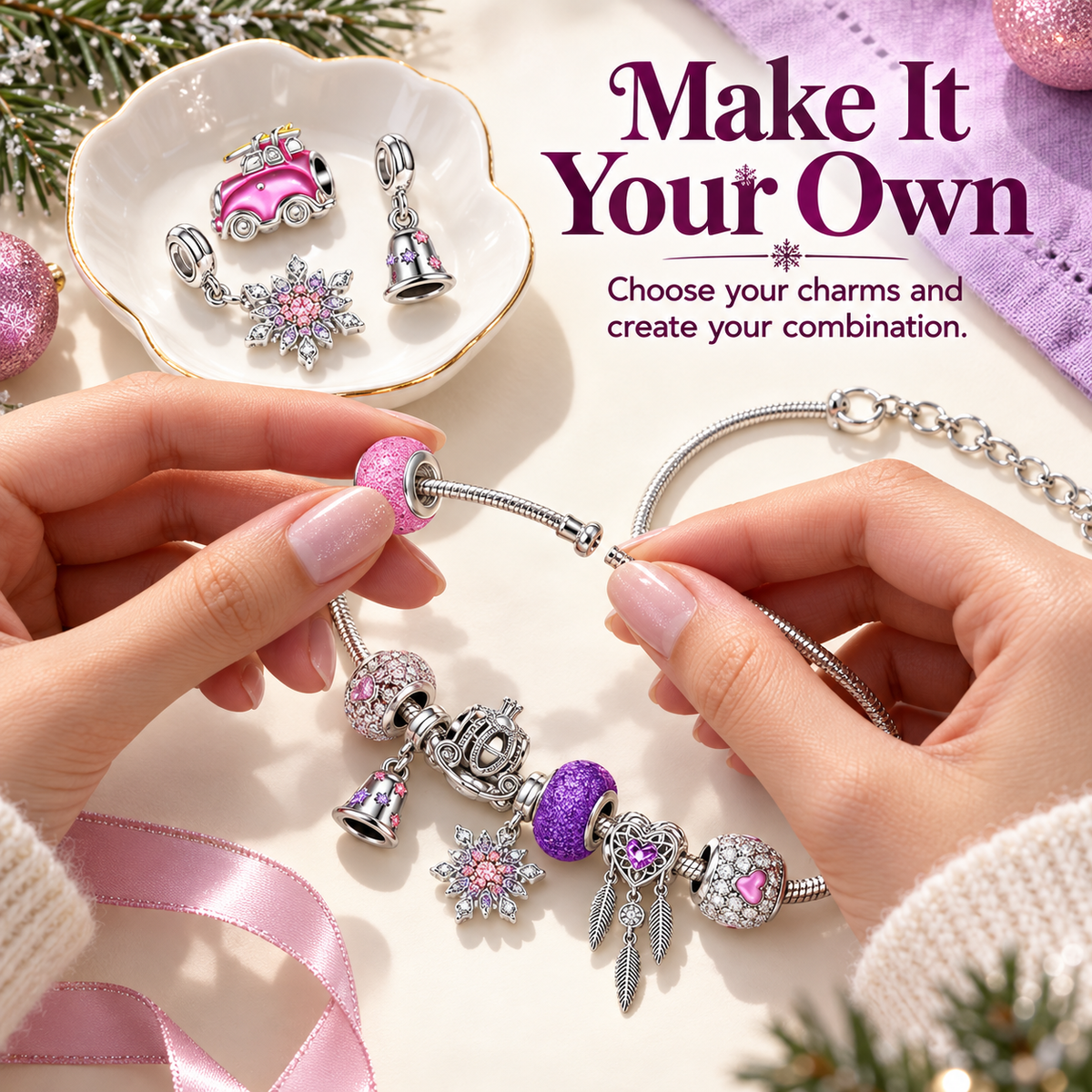 🎄 Christmas Advent Calendar 24 Days DIY Charm Bracelet & Necklace Making Kit, Purple Pink Crystal Beads Jewelry Set, Christmas Gift for Girls