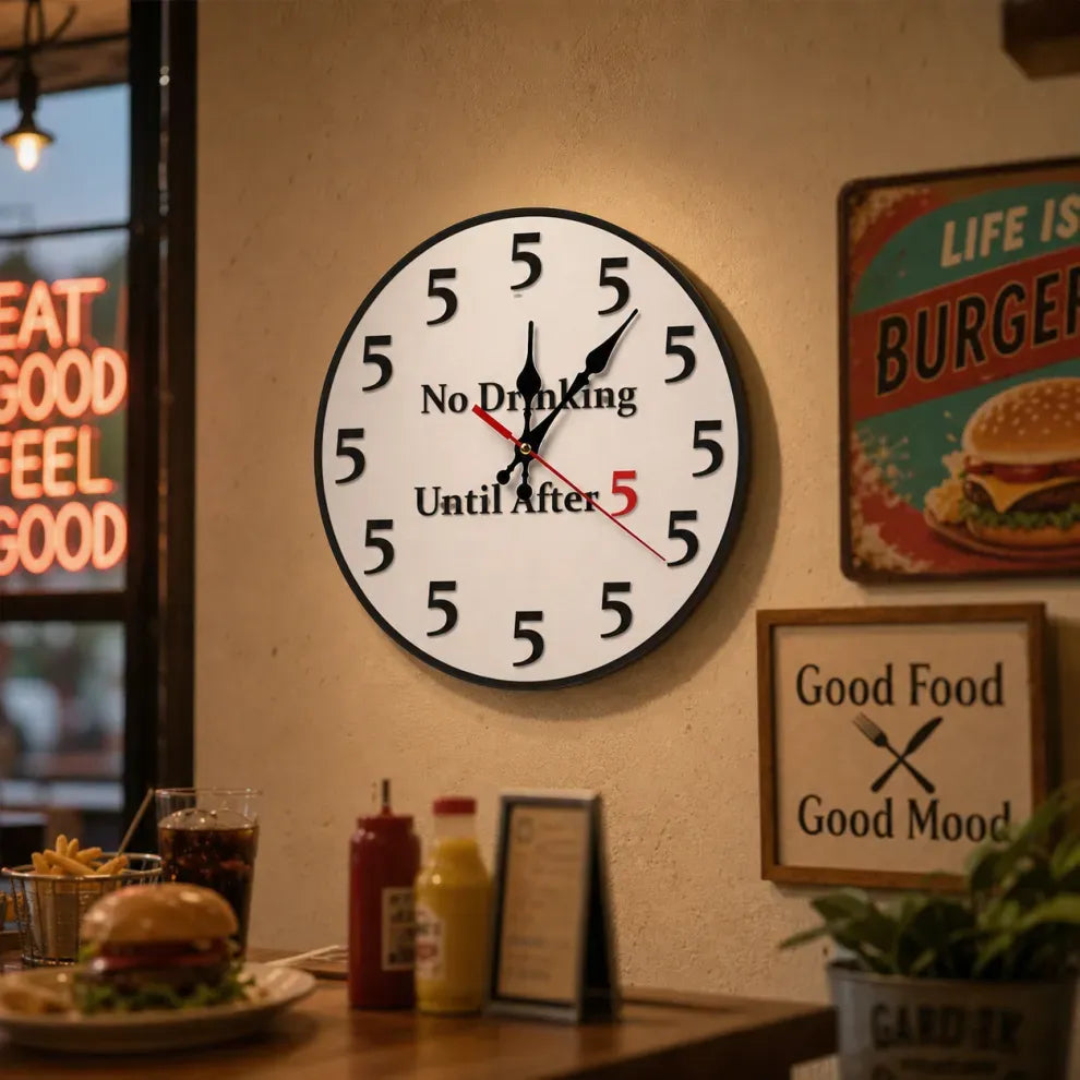 Happy Hour Starts at Five 🍹 Funny Round Wall Clock for Bar & Kitchen Décor