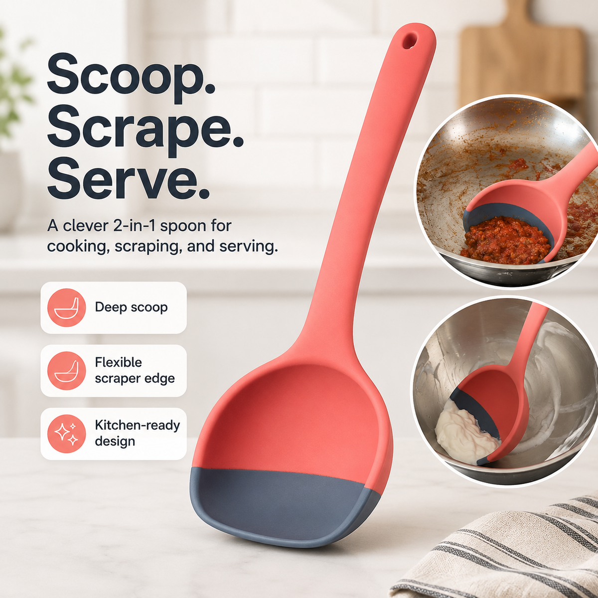 🥄 2-in-1 Silicone Cooking Spoon – Scoop, Scrape & Serve with Ease
