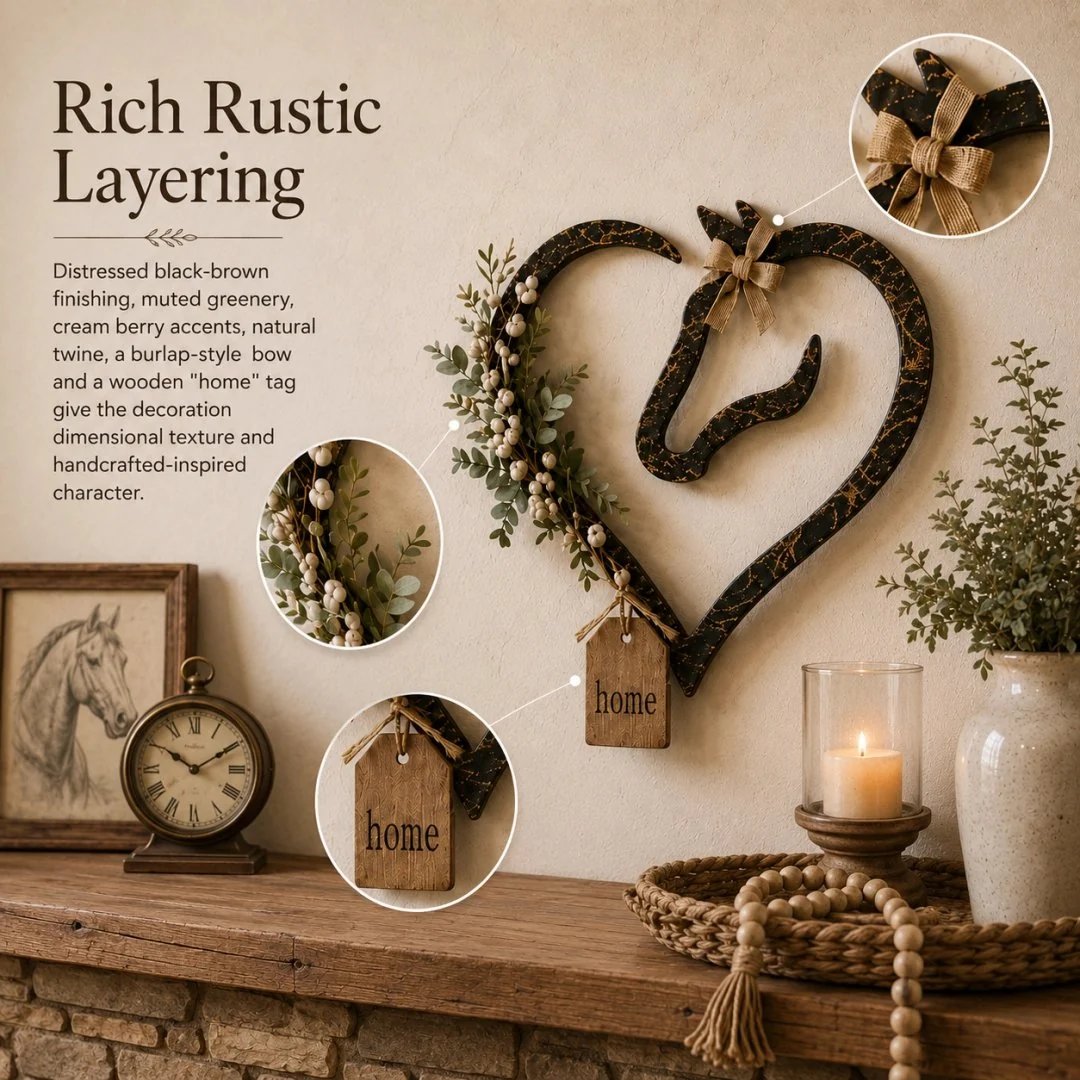 🎉Rustic Horse Heart Wall Decor with Greenery – Farmhouse Equestrian Home Accent