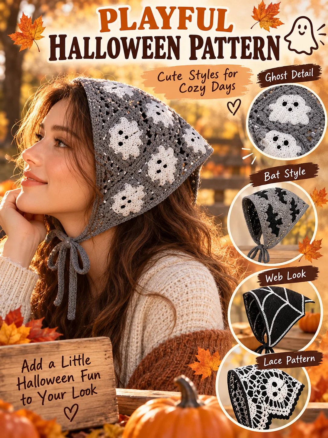 🔥HOT SALE🔥🎃 Halloween Style Deal – Boho Ghost Print Head Scarf 👻 Cute Seasonal Hair Accessory for Festive Looks 🦇