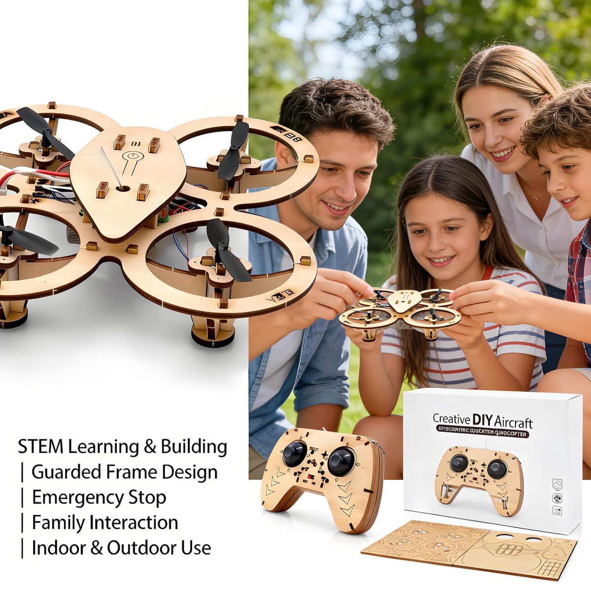 💯🔥Top Gift 2026 🎁 DIY Wooden Drone Assembly Kit, 2.4GHz RC Quadcopter with 360° Flip, Emergency Stop & Beginner Friendly Controls, STEM Building Toy for Teens & Adults