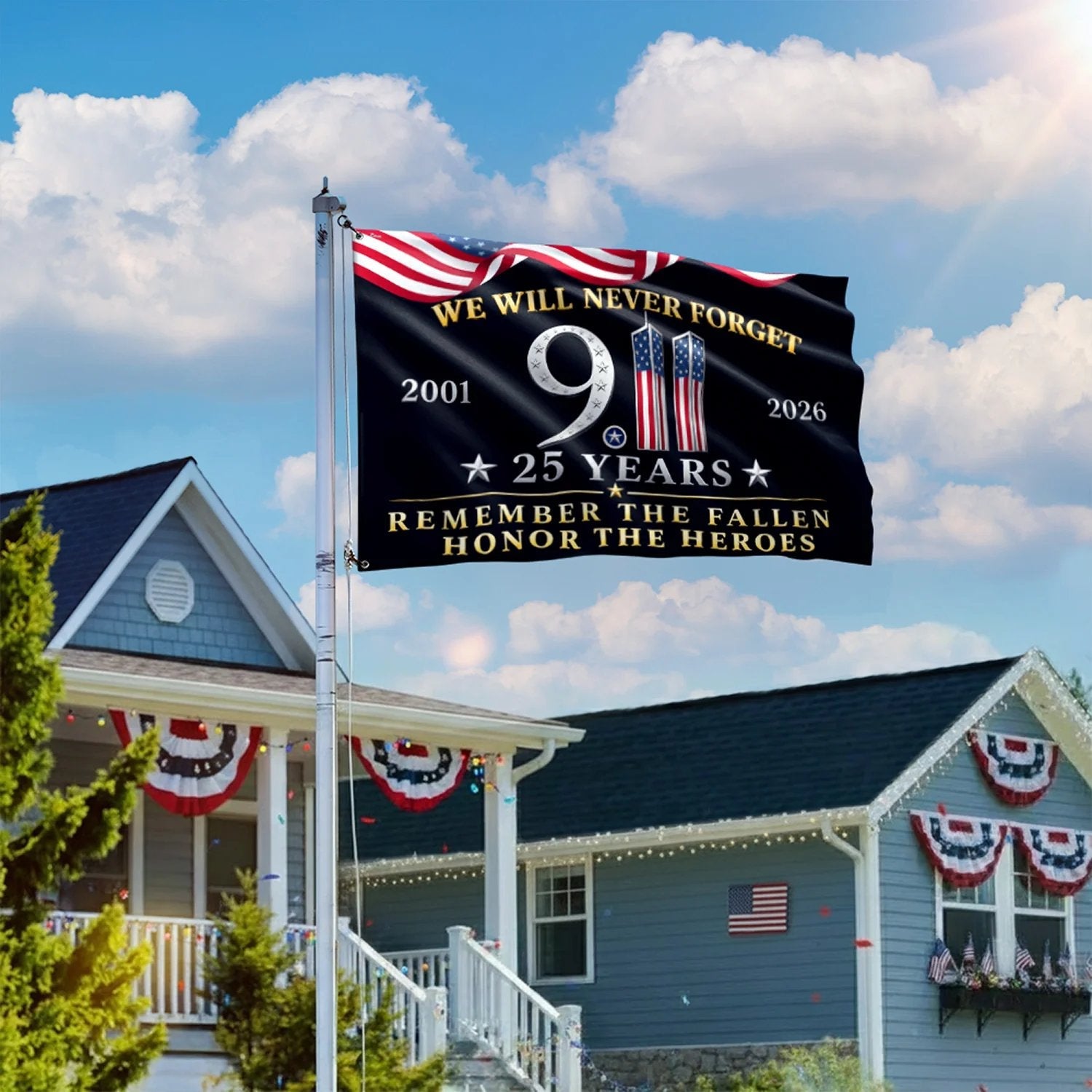 Memorial flag displayed as part of a September 11 remembrance setting