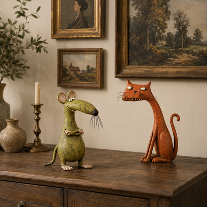 Whimsical Vintage Mouse & Cat Figurine